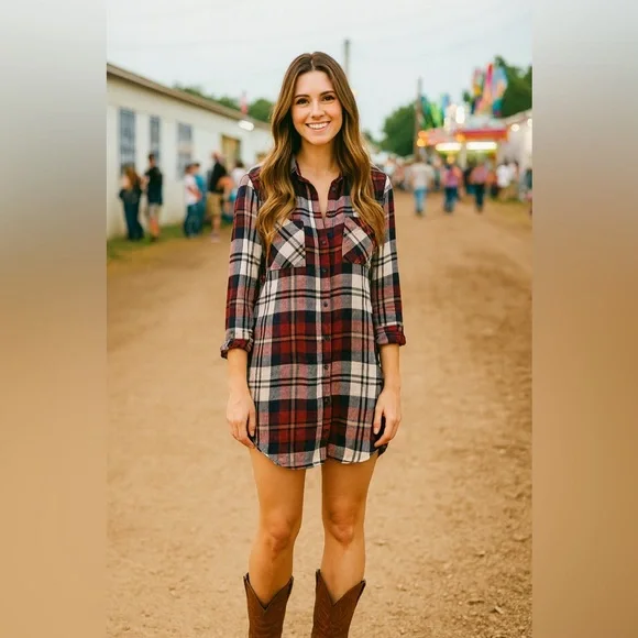 Cloth & Stone Plaid Tunic Shirt Dress Festival Fair Cowgirl Western - Picture 1 of 10
